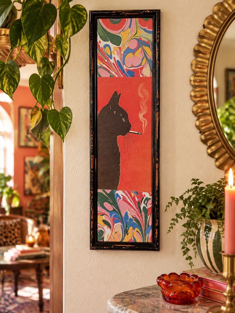 Black Cat Smoking a Cigarette Trippy Swirl Border Canvas Wall Art Print Framed